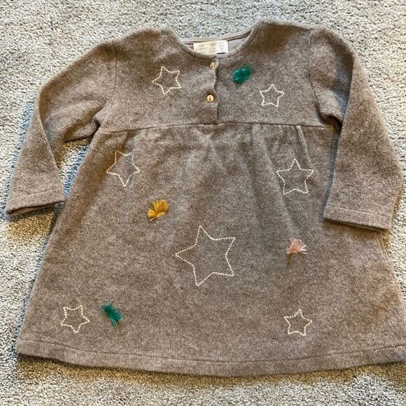 Zara sweater dress size 2 to 3 Light Brown embroidered stars tassels wool cotton - Picture 1 of 7